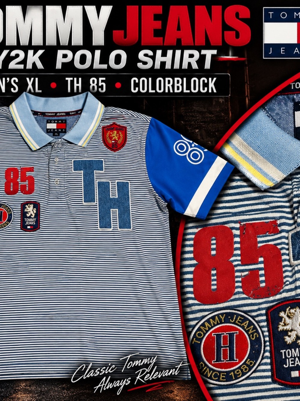 Tommy Hilfiger Jeans Y2K Polo Shirt Mens XL TH 85 Crest Colorblock Striped